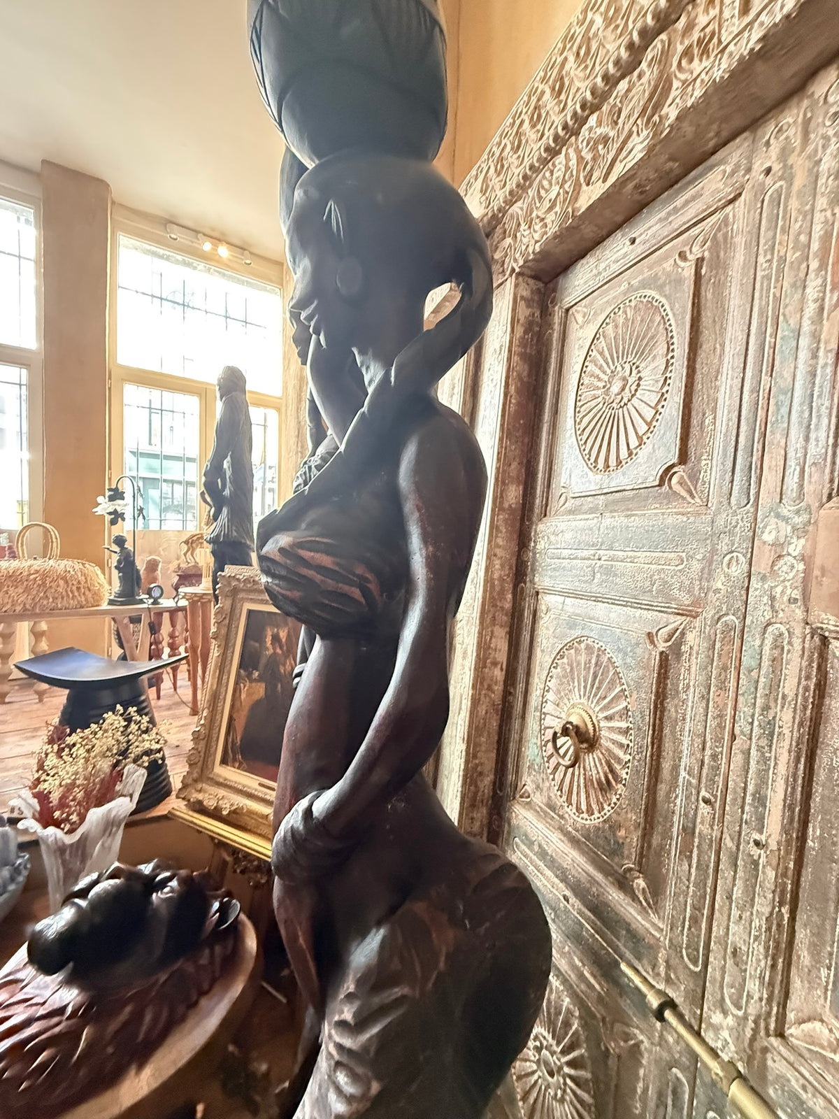 Woman with Water Jug 001 – Handcarved Wooden Sculpture