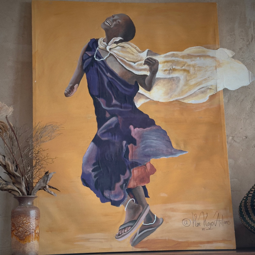 A large vertical canvas painting depicting a dancer in a flowing dark purple garment with a white draped cloth, set against a warm golden-brown backgroun